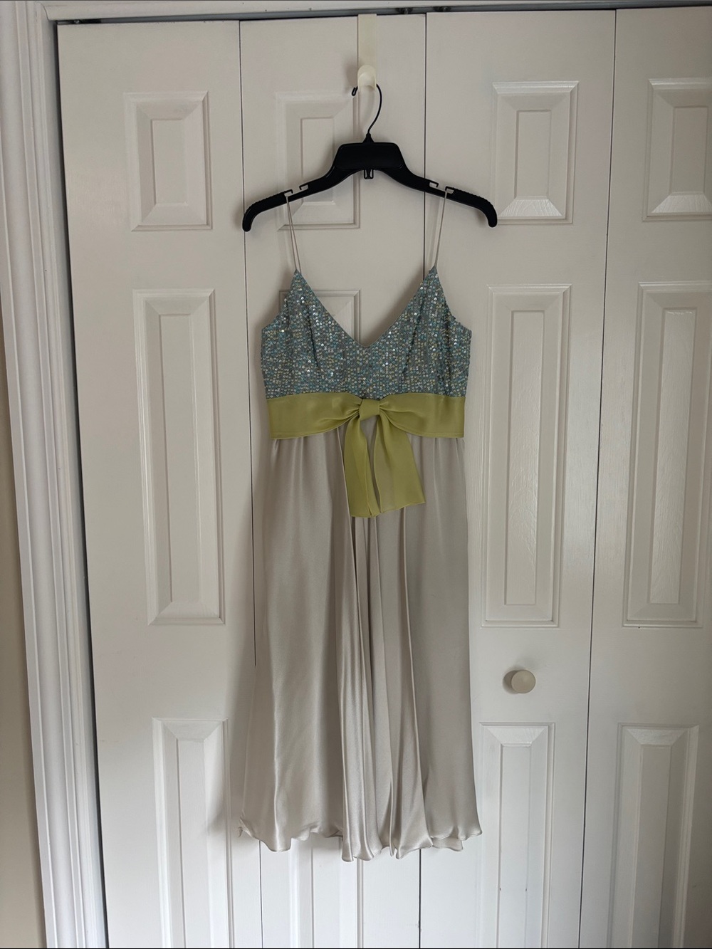 Kay Unger Blue-Green Beaded Bodice Cream Midi Dress with Lime Waist Sash